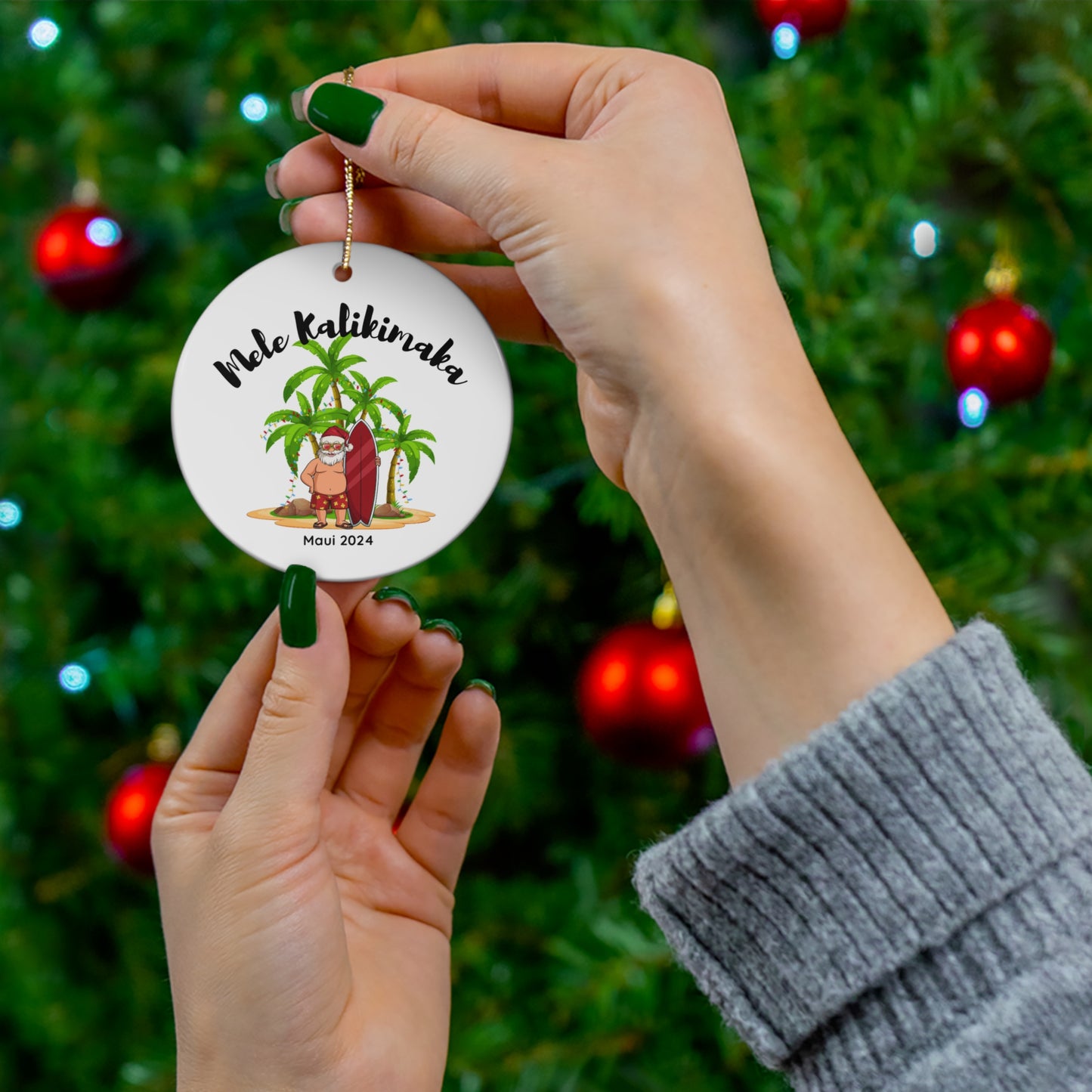 Mele Kalikimaka Santa Ceramic Ornament