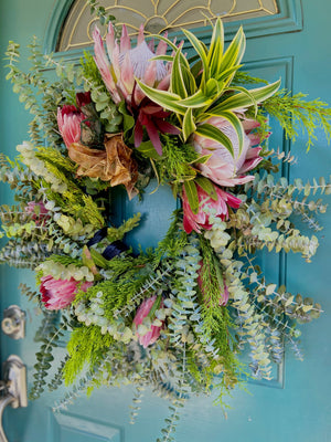 Fresh Maui Grown Kula Baby Blue, Pine & Protea Wreath